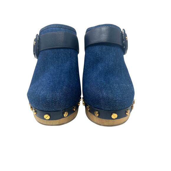 Veronica‎ Beard Dacey Denim Clogs Heels Studded Buckle Wood Blue Size 6 - Picture 4 of 13